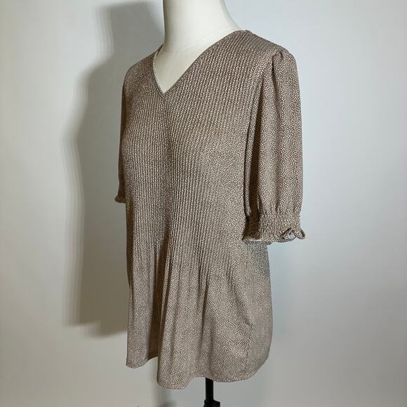 Adrianna Papell Tan White Polka Dot Pleated V-Neck Blouse Womens Size Medium M - Picture 4 of 11